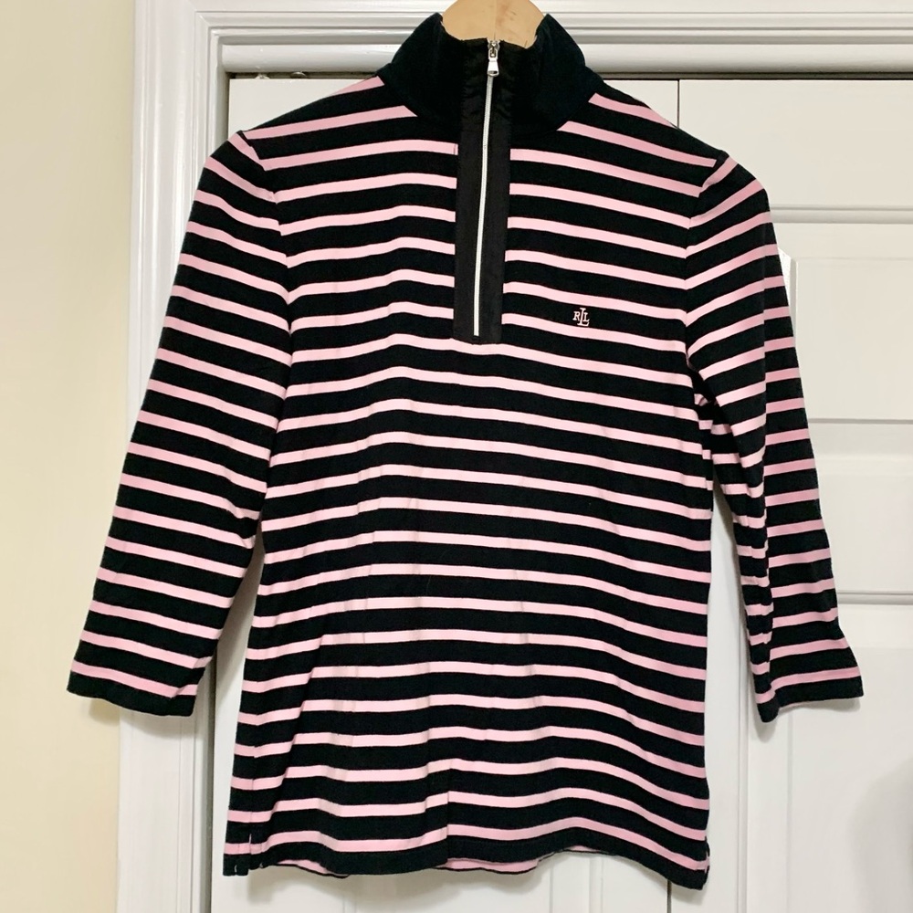 Lauren Ralph Lauren Striped Zip Mockneck Top 3/4 Sleeves Black Label - M